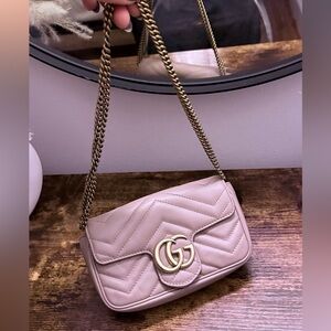 GUCCI Mini Marmont Tan Bag with Quilted Chevron Design